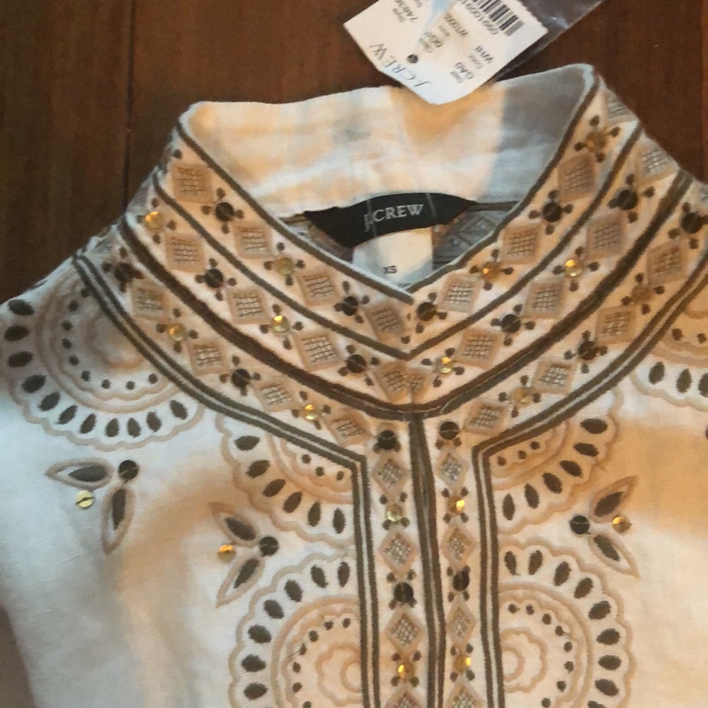 J. Crew Cream Linen Tunic w/ Embroidery, High Neck, and Side Vents NWT size XS - Picture 5 of 8